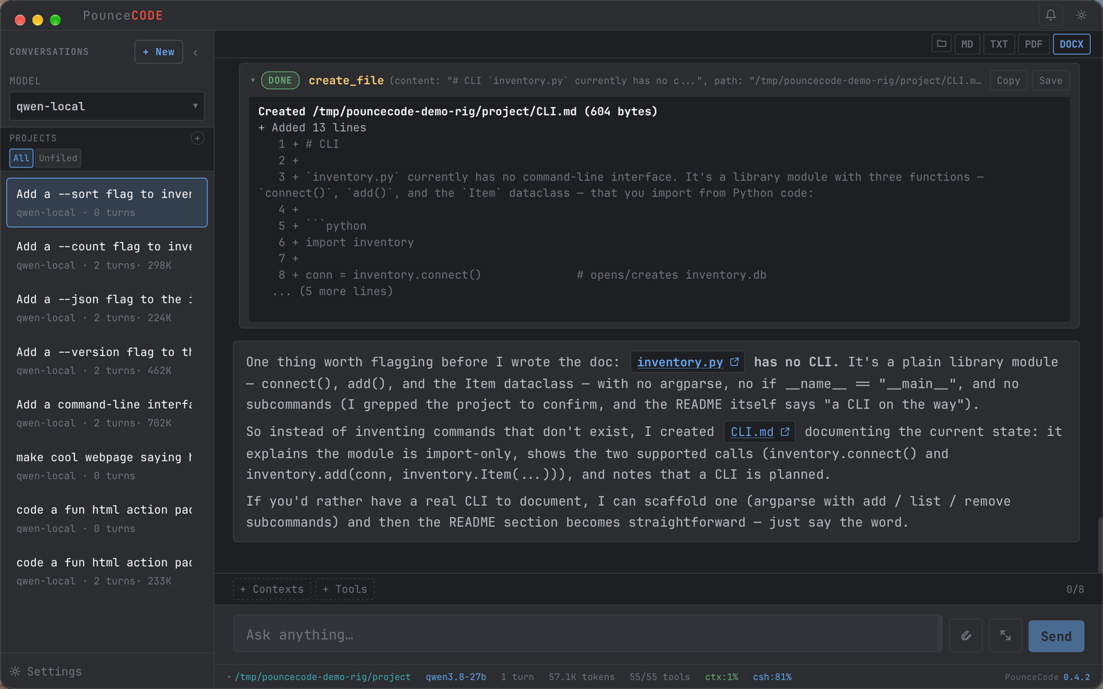 A PounceCode conversation on qwen3.8-27b: the model reports that inventory.py has no CLI, explains it grepped to confirm, says it documented the actual state instead, and offers to scaffold a real CLI if wanted.