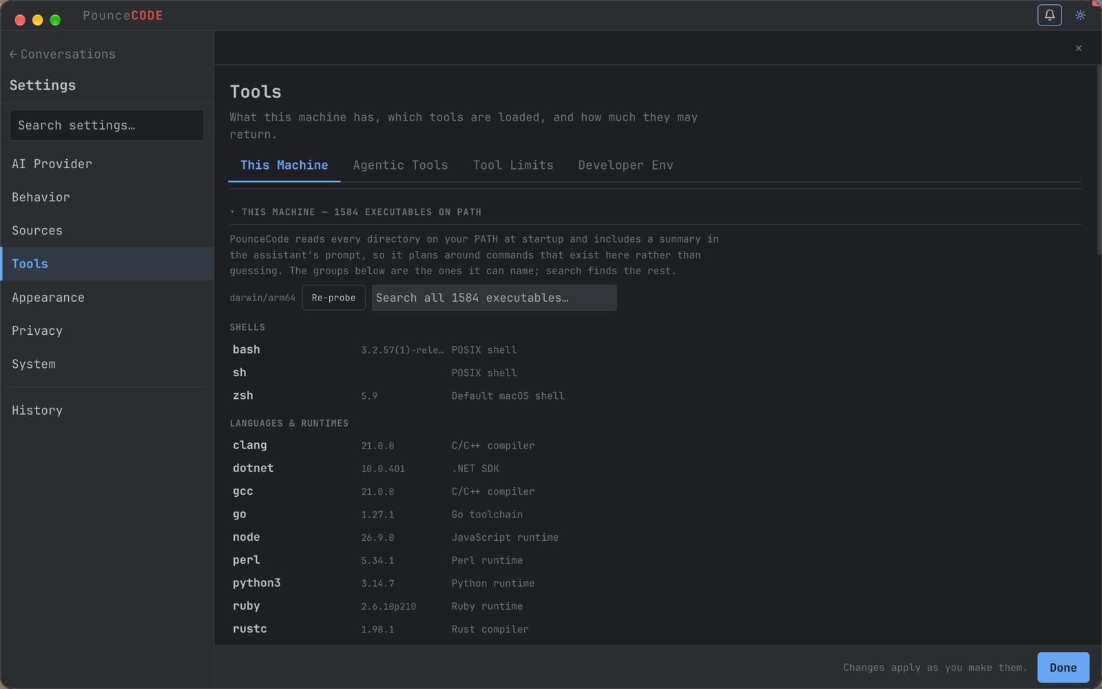 The This Machine settings page listing 1584 executables found on PATH, grouped into shells and languages with version numbers.