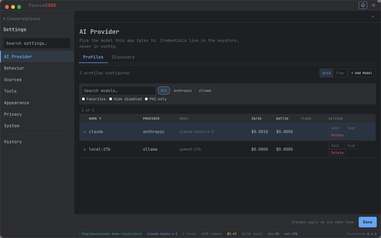 The AI Provider settings page listing two profiles, one Anthropic and one Ollama, each with its model and per-1K rates.