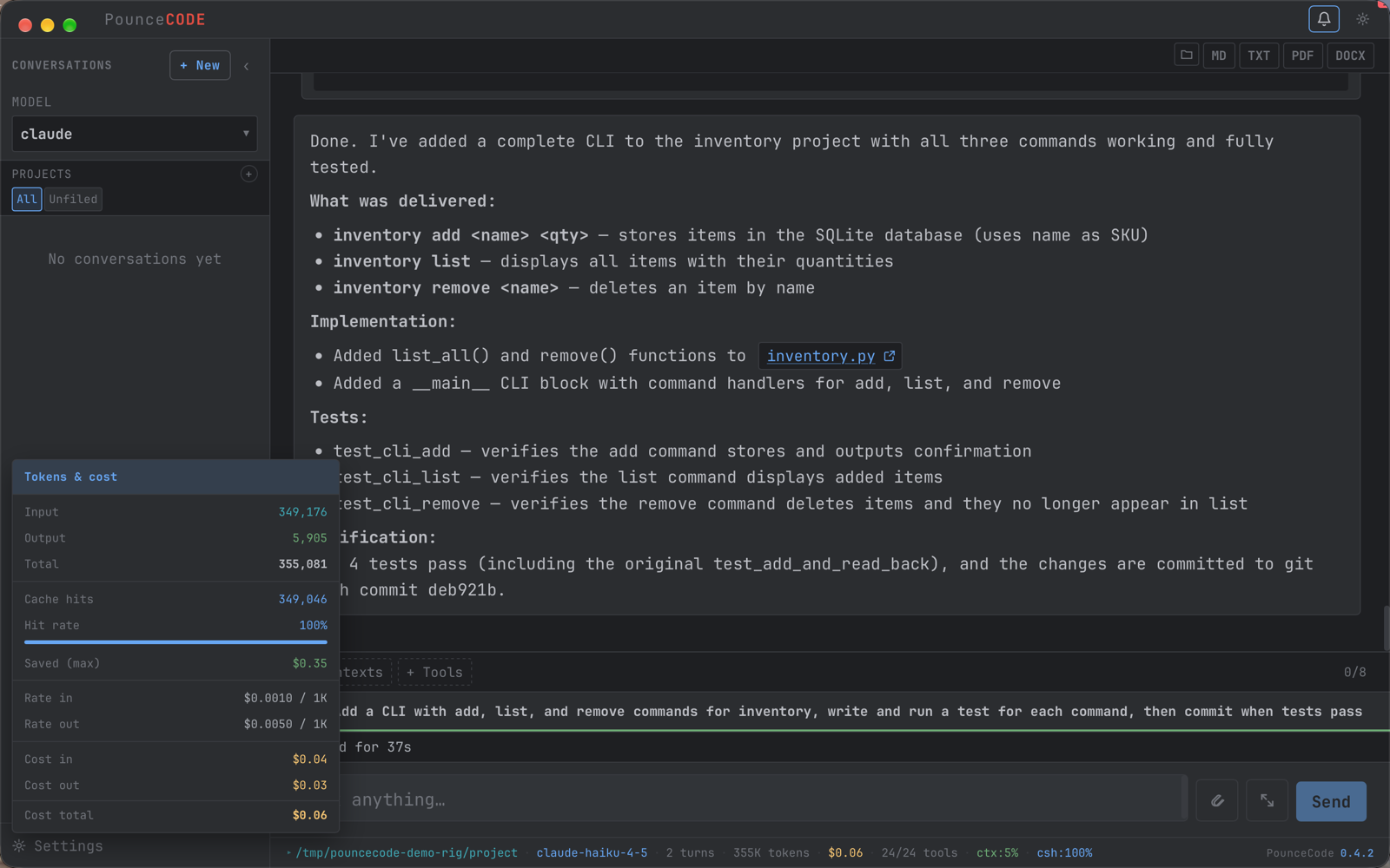 The tokens and cost panel: input, output and total tokens, cache hits with a hit-rate bar, the per-1K rates, and cost split into input, output and total.