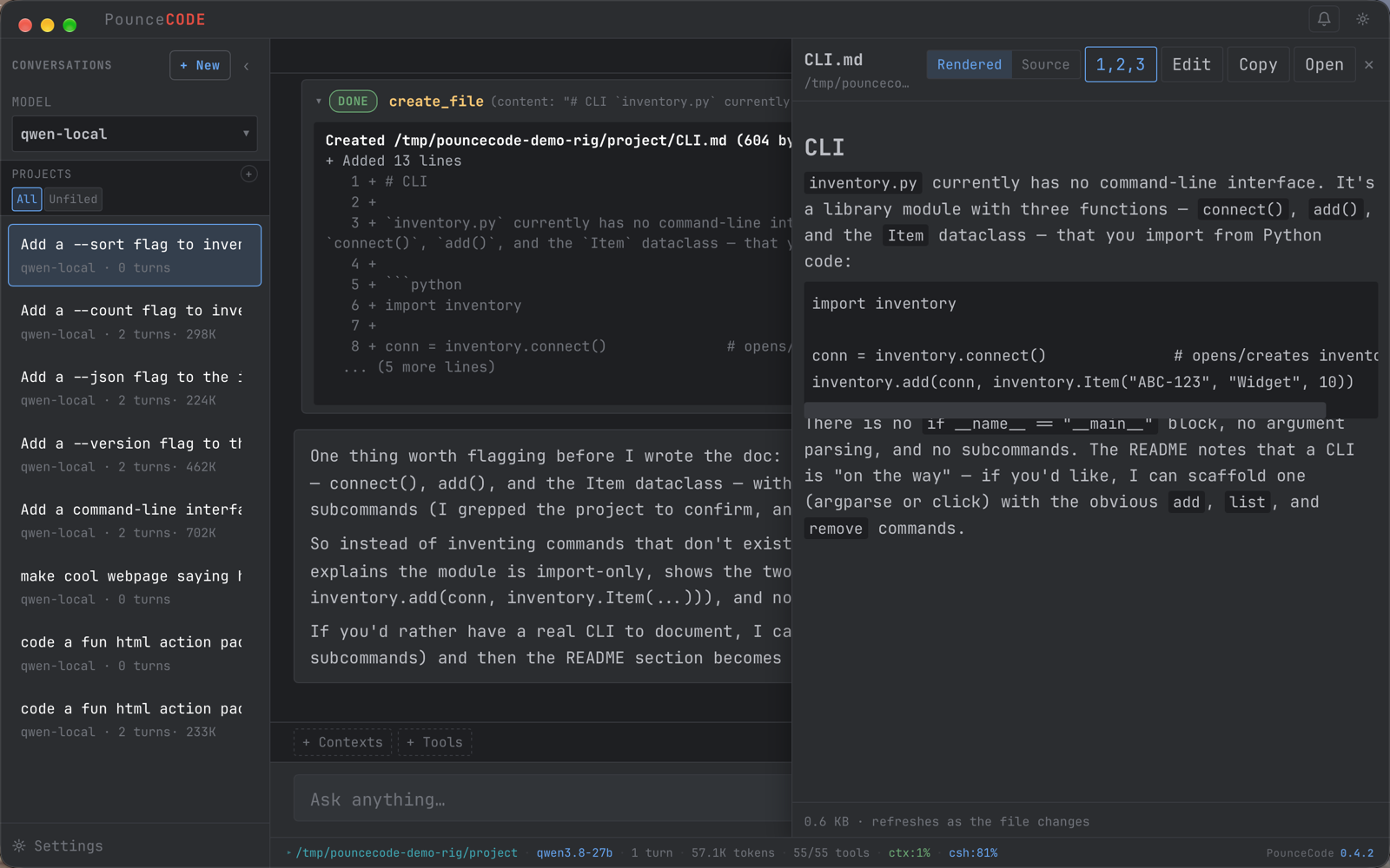 PounceCode with a markdown file open in a side panel: Rendered and Source tabs, a line-number toggle, Edit, Copy and Open buttons, and the rendered document with syntax-highlighted code blocks.